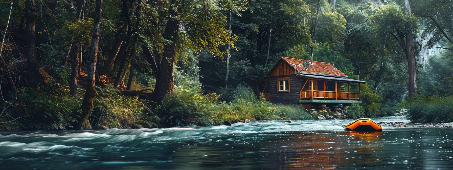 a rustic cabin nestled by a rushing river, surrounded by lush greenery, with a bright orange raft waiting by the water's edge.