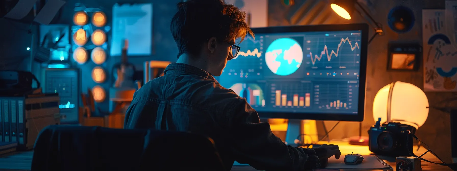 a marketer analyzing a computer screen displaying detailed site audit results, surrounded by various tools and charts.