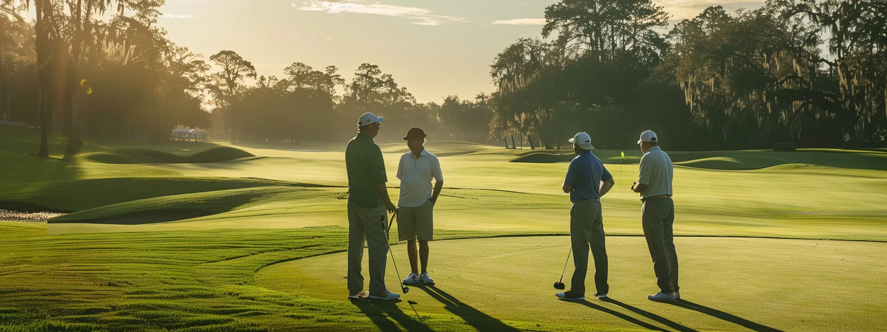 three golfers standing on a lush green fairway, with one wearing a distinctive cap and discussing their earnings.