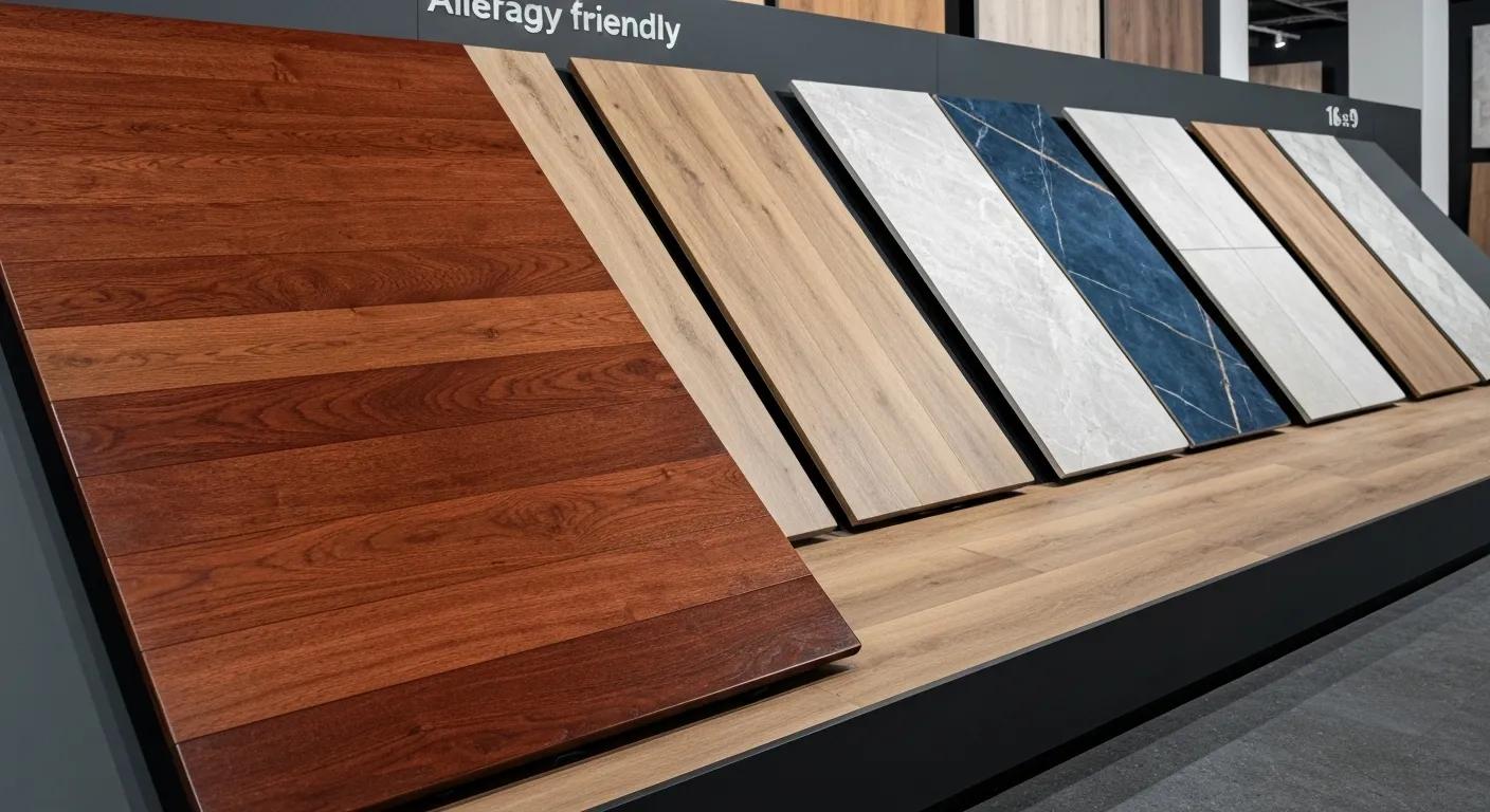 A stylish display showcasing a variety of allergy-friendly flooring options, including hardwood, laminate, and luxury vinyl tiles