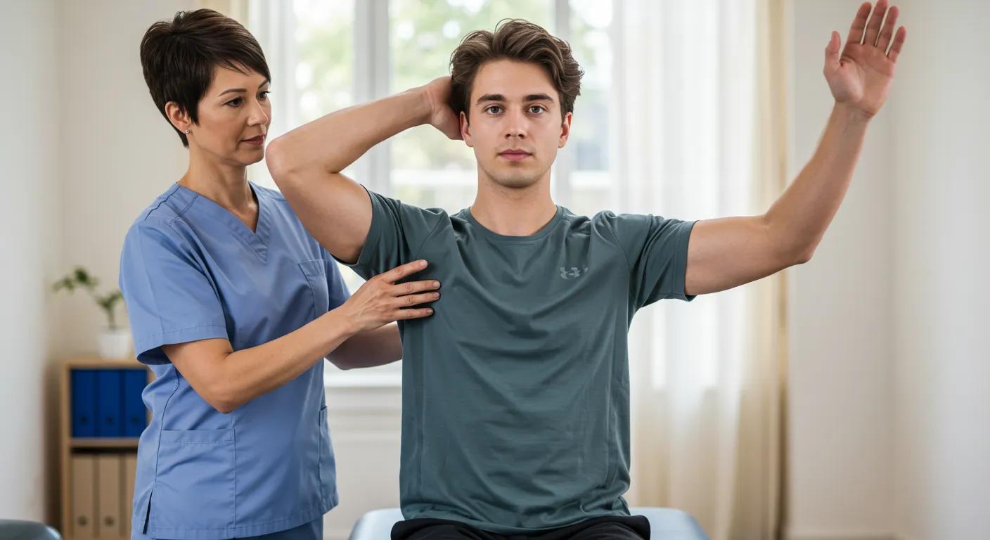 Physiotherapist assisting a patient with shoulder exercises to correct posture and strengthen muscles