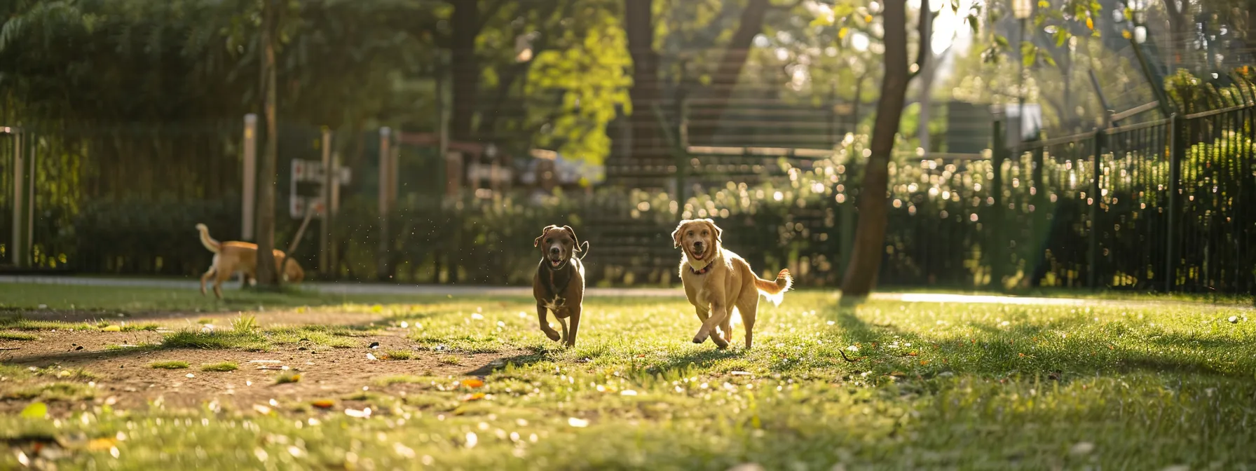 dogs playing happily together in a spacious outdoor yard at a traditional kennel.