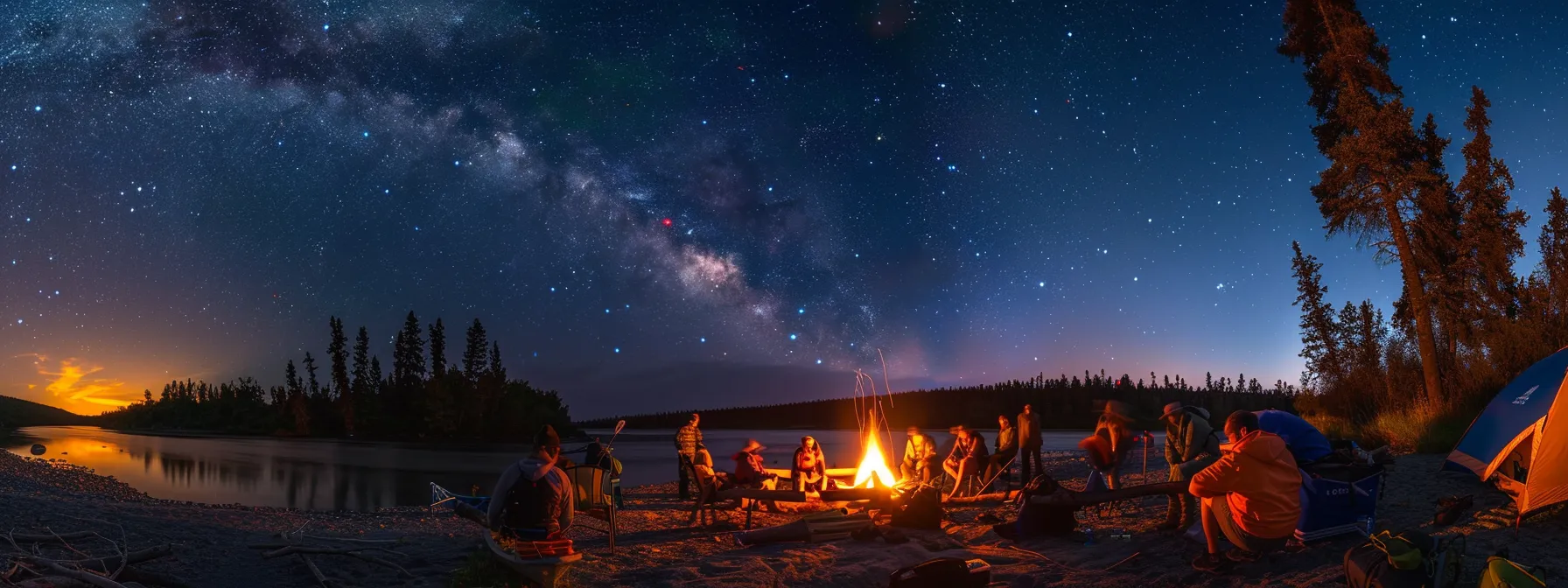 a group of exhilarated rafters gather around a campfire, sharing stories and laughter under a starlit sky after a thrilling day on the river.