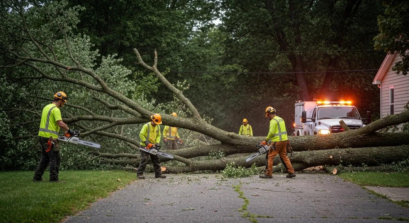 Emergency tree service team responding to a fallen tree blocking a driveway after a storm