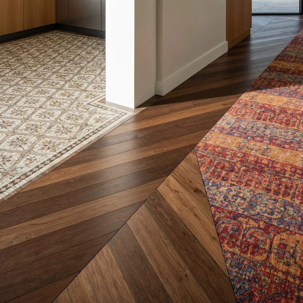 Creative transition techniques in mixed flooring, featuring inlaid mosaics and diagonal cuts, enhancing design and functionality
