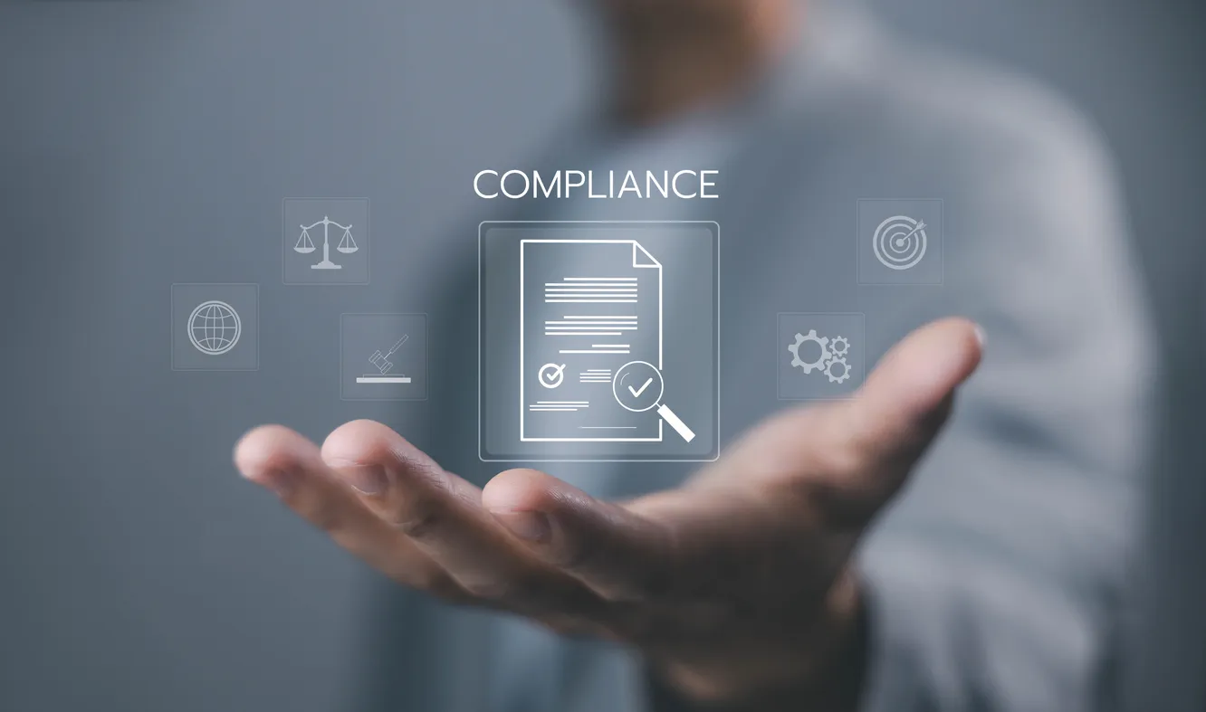 Business compliance and regulation concept showing digital document with check mark icon, symbolizing legal standards, corporate governance, risk management, policy, quality control in Cardiff businesses