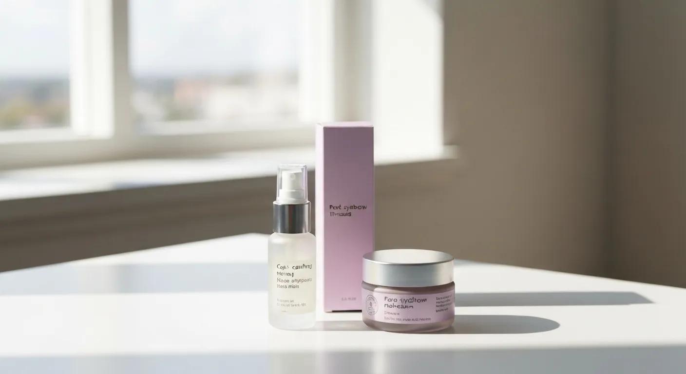 Skincare products for aftercare following eyebrow threading, arranged in a calming setting