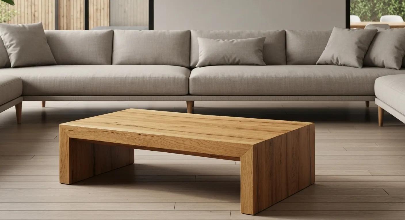 Designer timber coffee table showcasing natural grain patterns in a modern living room