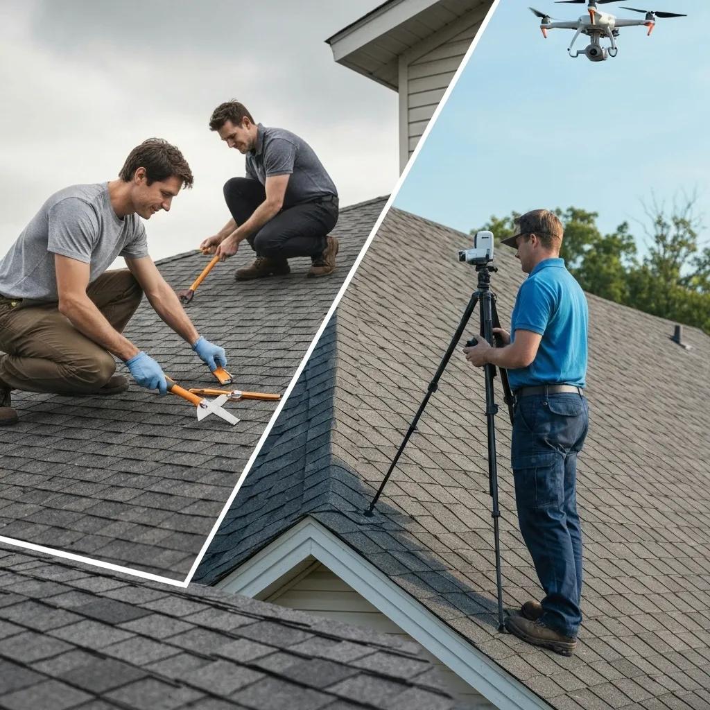 A side-by-side comparison showing a homeowner inspecting a roof versus a professional assessment A side-by-side comparison showing a homeowner inspecting a roof versus a professional assessment
