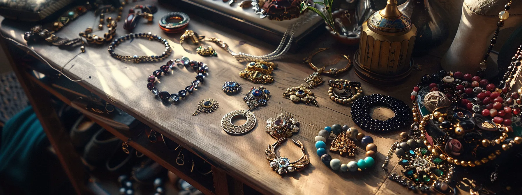 a table with a variety of jewelry items laid out in an organized and stylish manner.