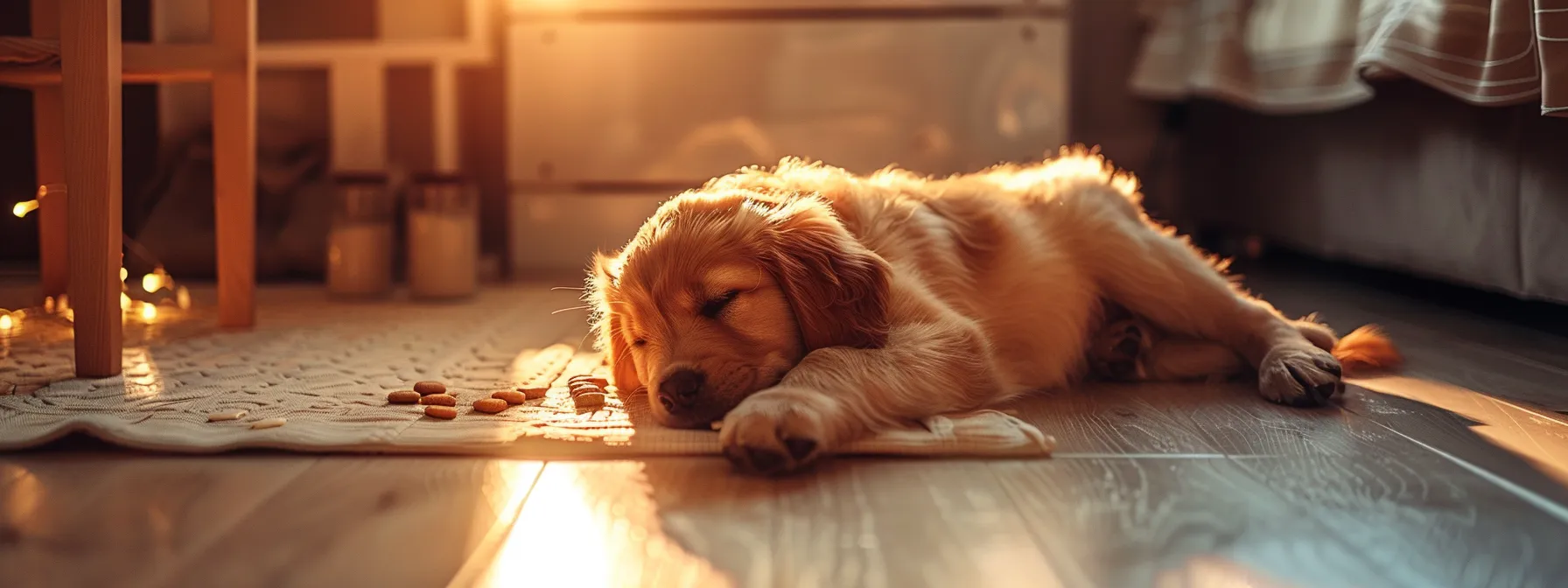 puppy happily exploring a cozy corner with treats and praise.