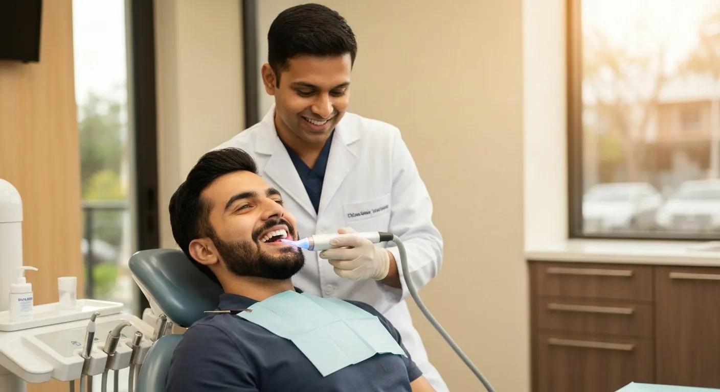 Patient undergoing teeth whitening treatment in a dental clinic