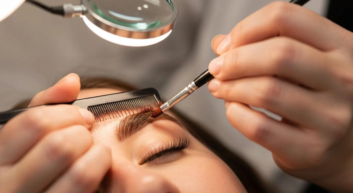 Close-up of the eyebrow tinting process with dye application and tools