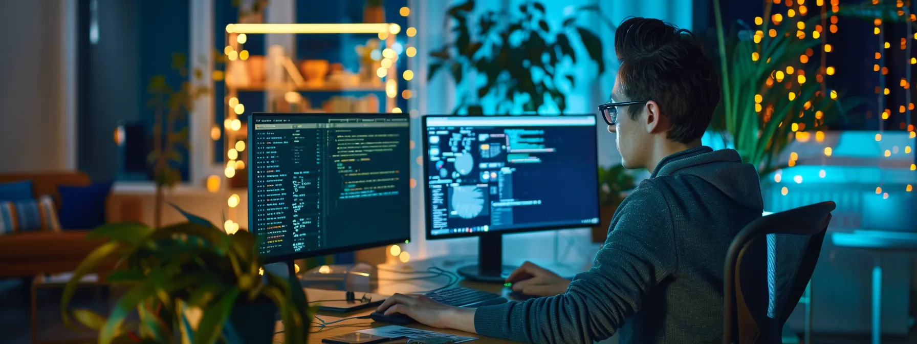 a web developer analyzing structured data and schema markups on a computer screen within a modern office setting.