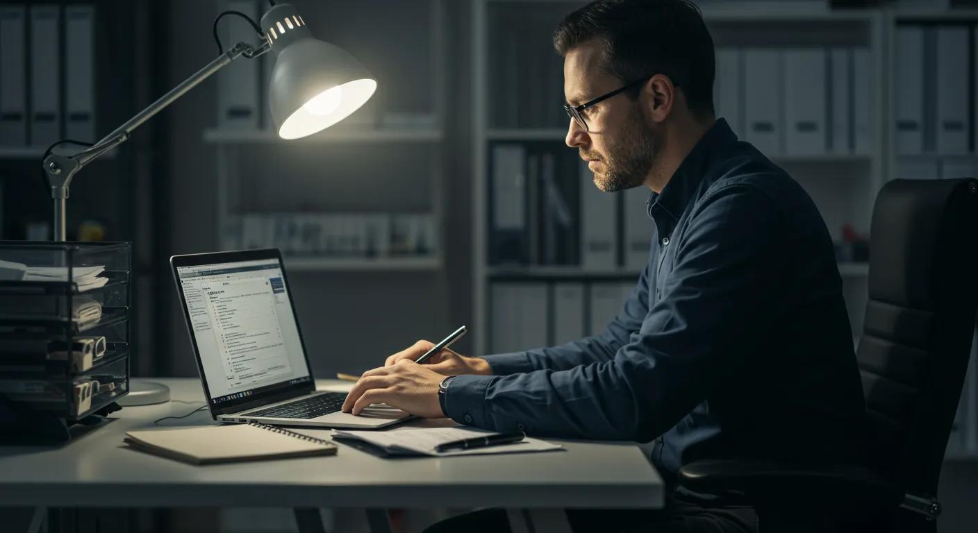 a focused contractor sits at a sleek, modern desk in a well-organized office, intently studying a laptop screen displaying regulatory documents, illuminated by bright overhead lights that emphasize the urgency of license renewal deadlines.