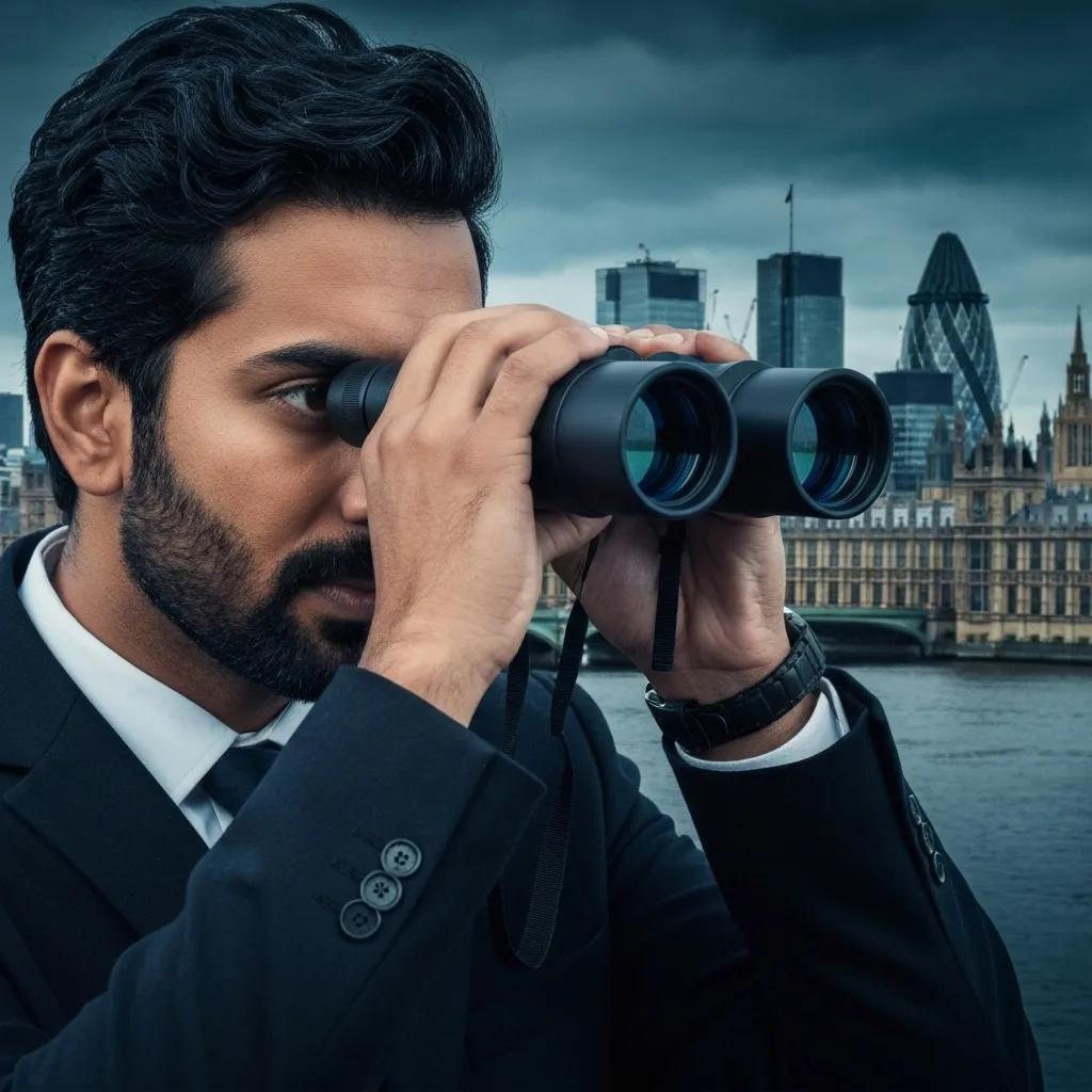 Private investigator using surveillance equipment in London, highlighting investigation services