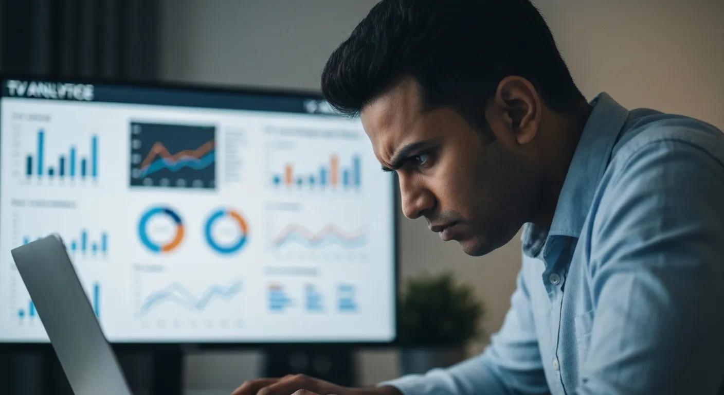 Person analyzing data on a laptop to measure the impact of TV coverage, symbolizing analytics and metrics