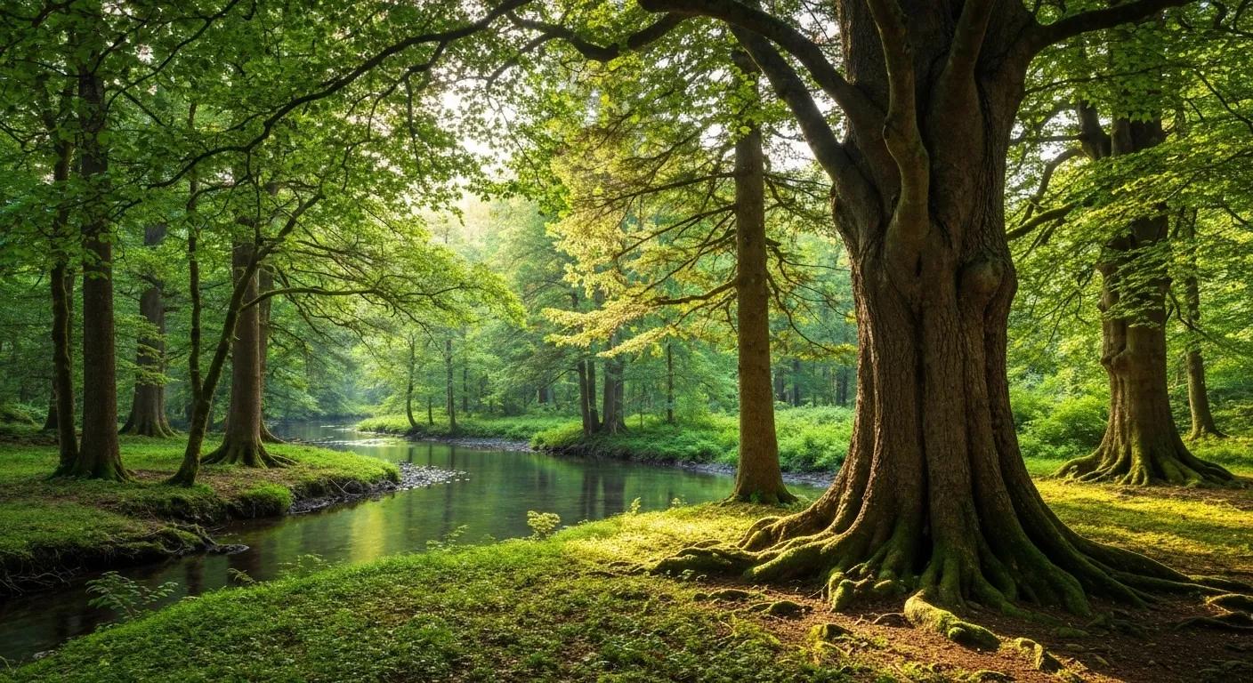 A peaceful forest scene, symbolising the sustainable sourcing of timber for wood flooring