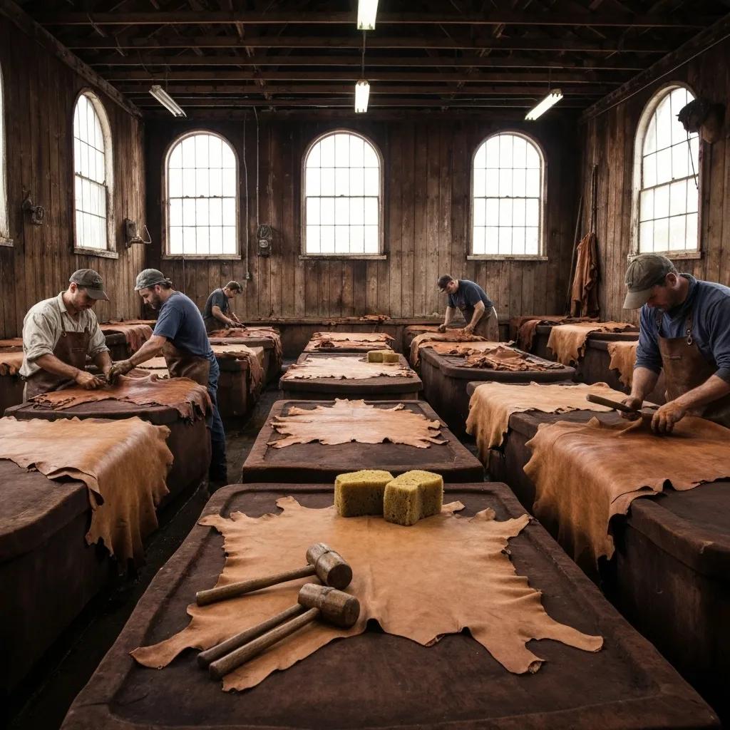 Skilled artisans working with leather hides in a traditional tannery, showcasing American craftsmanship