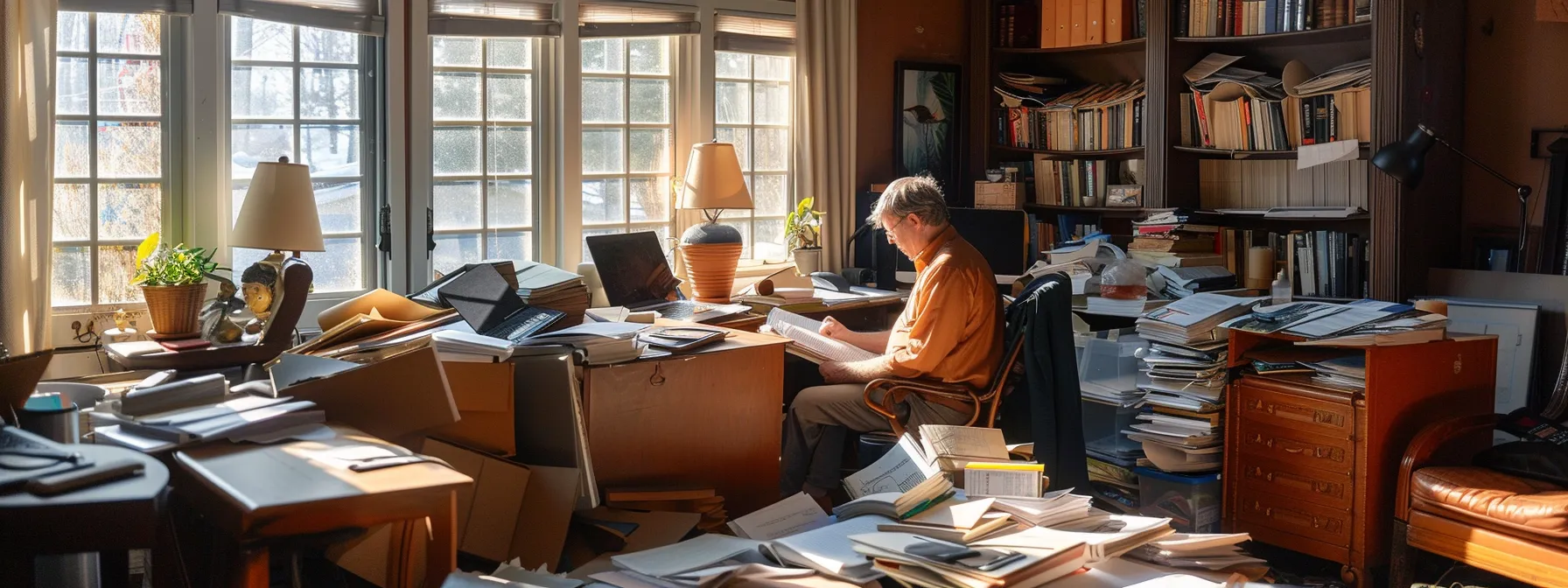 a homeowner in atlanta, ga carefully reviewing their flood insurance policy and repair estimates in a sunlit, cluttered room filled with paperwork.