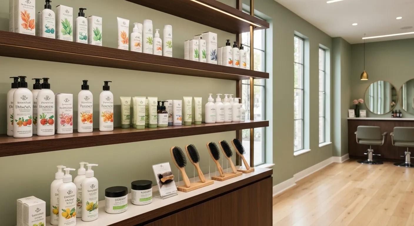A display of eco-friendly haircare products in a salon setting, highlighting a commitment to sustainable practices and natural ingredients