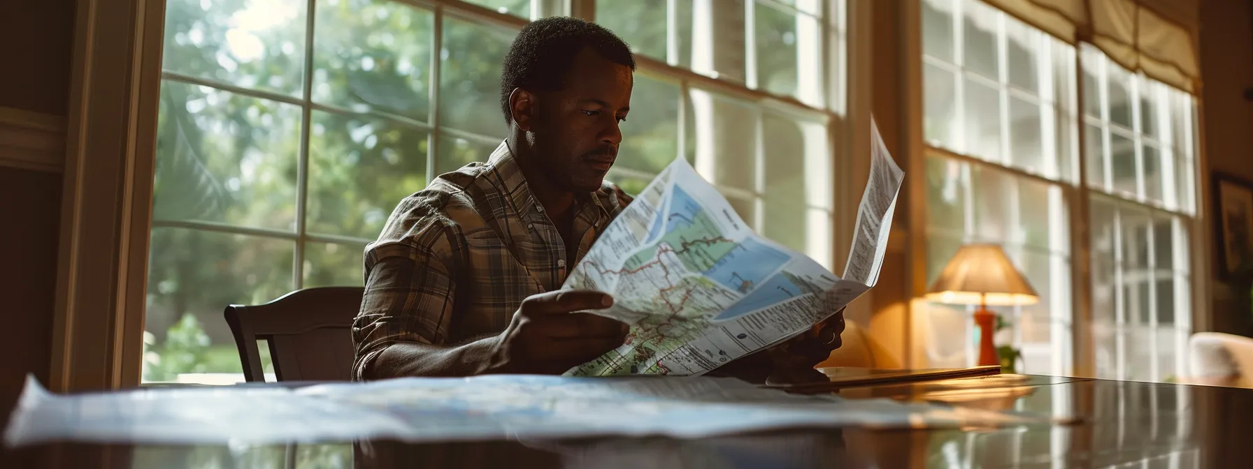 a georgia homeowner reviewing flood zone maps and insurance policy documents.