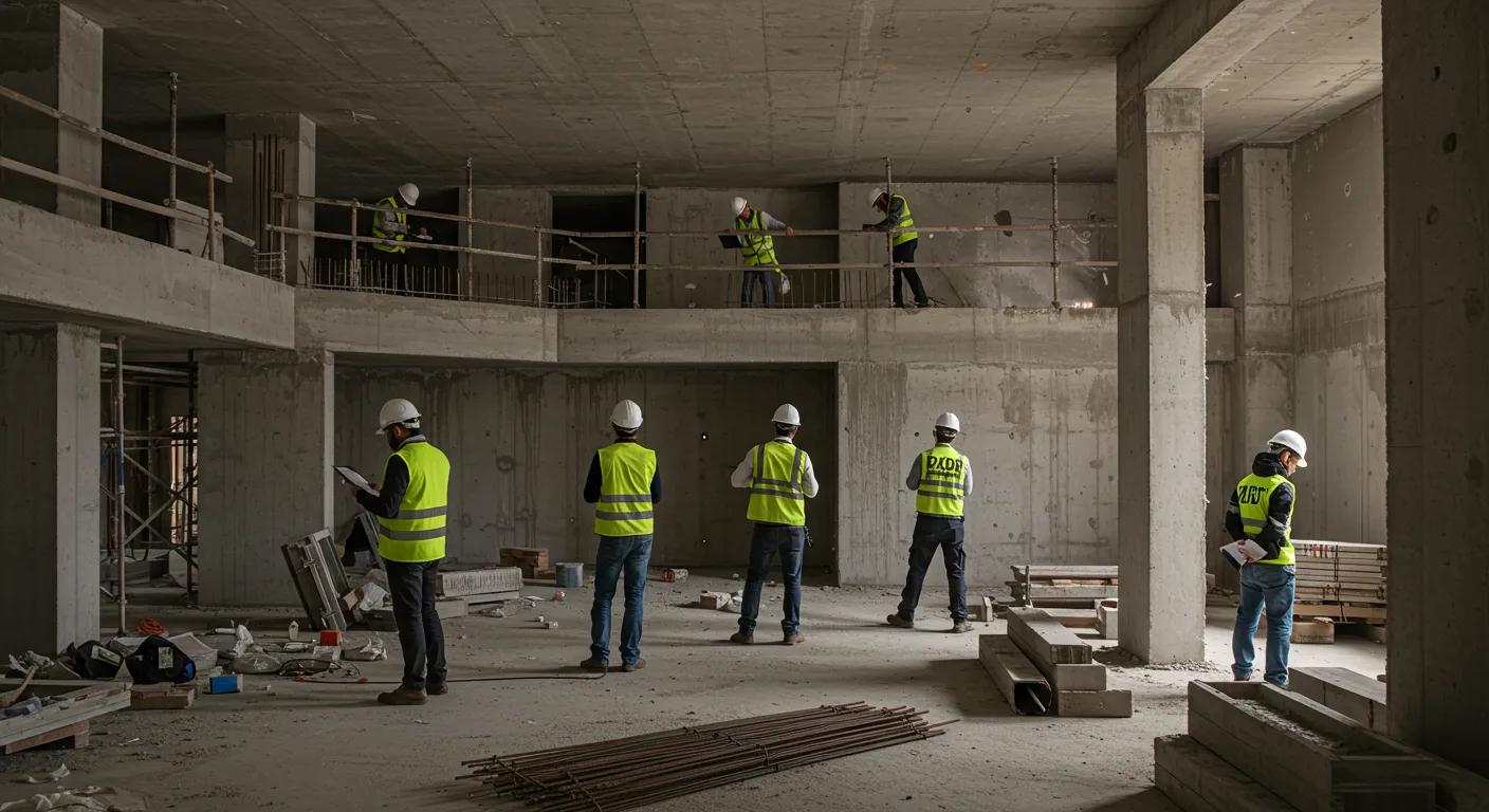 a modern construction site is bustling with inspectors and engineers rigorously assessing structural integrity and safety features amid a backdrop of half-built walls and construction materials, conveying the critical importance of detailed inspection phases in new builds.
