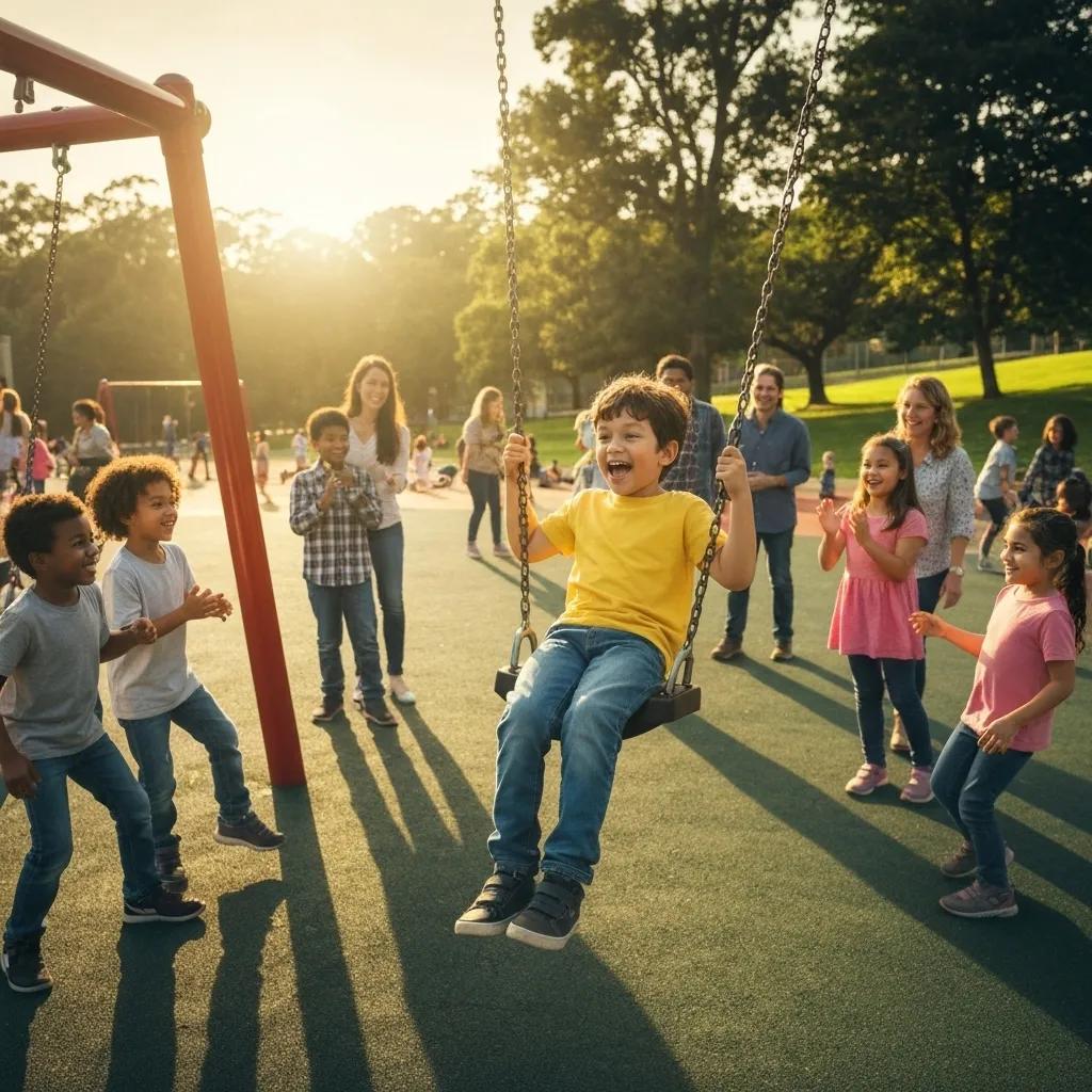 Child with autism joyfully interacting with peers at a playground, demonstrating social skills