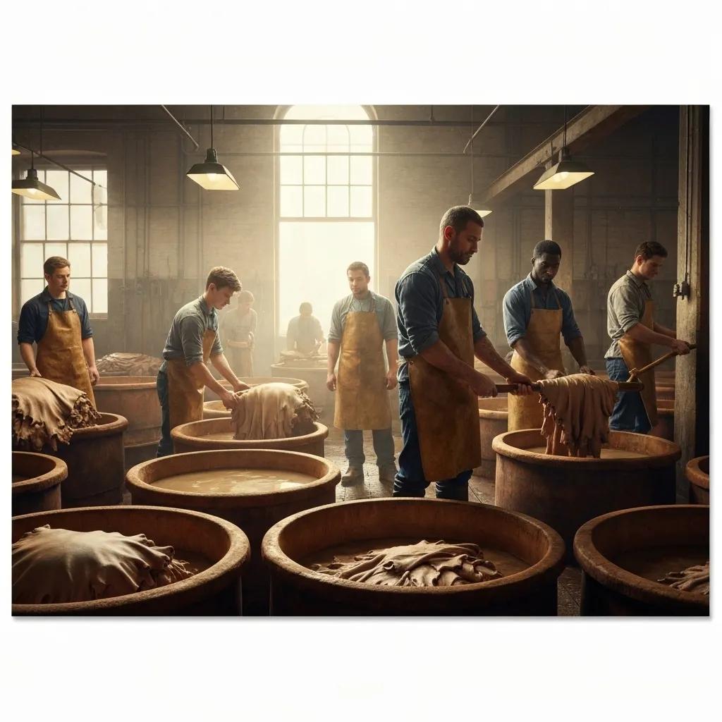 A historical view of a Detroit tannery, showcasing traditional leather tanning methods and dedicated workers