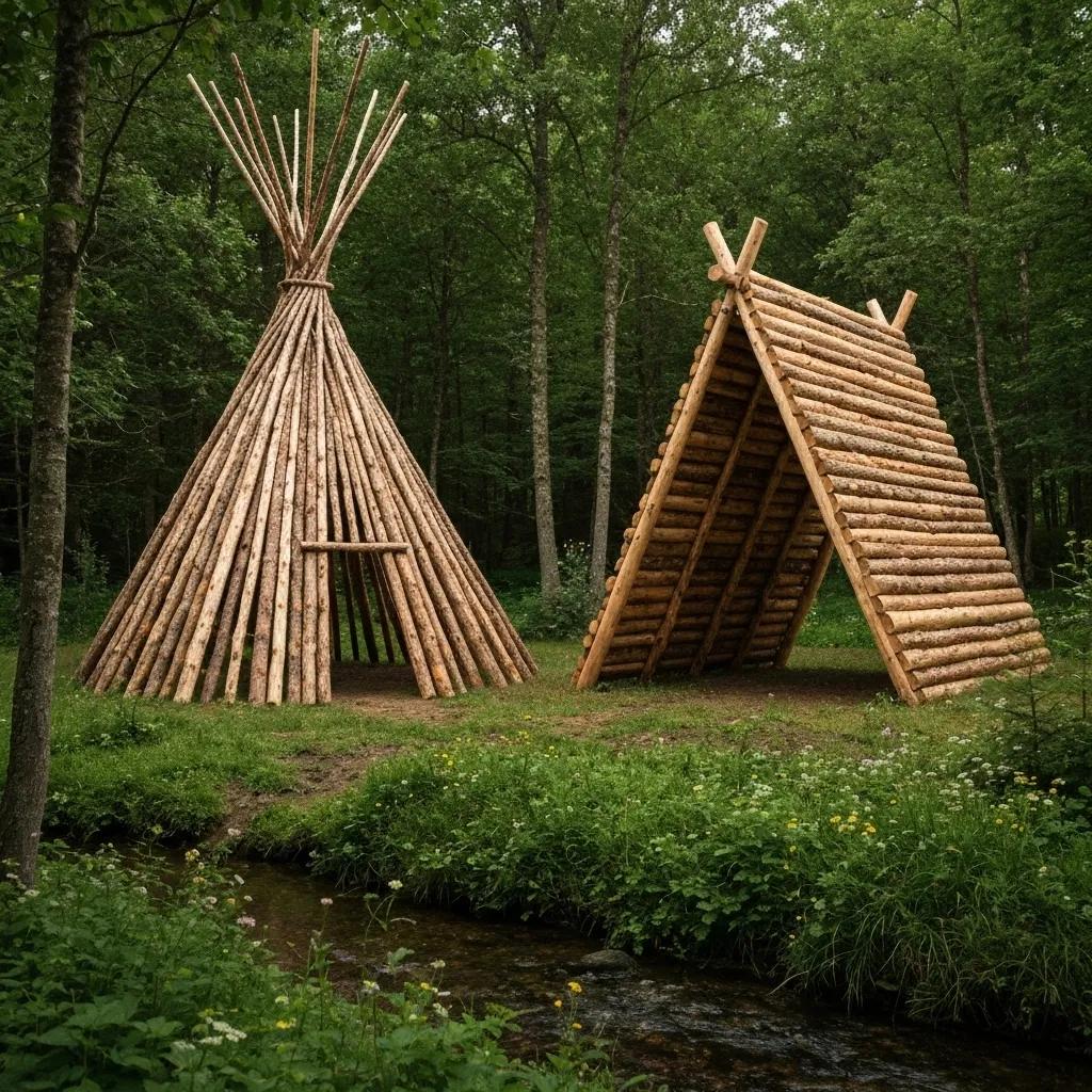 Different fire lay structures: teepee, lean-to, and A-frame in a forest