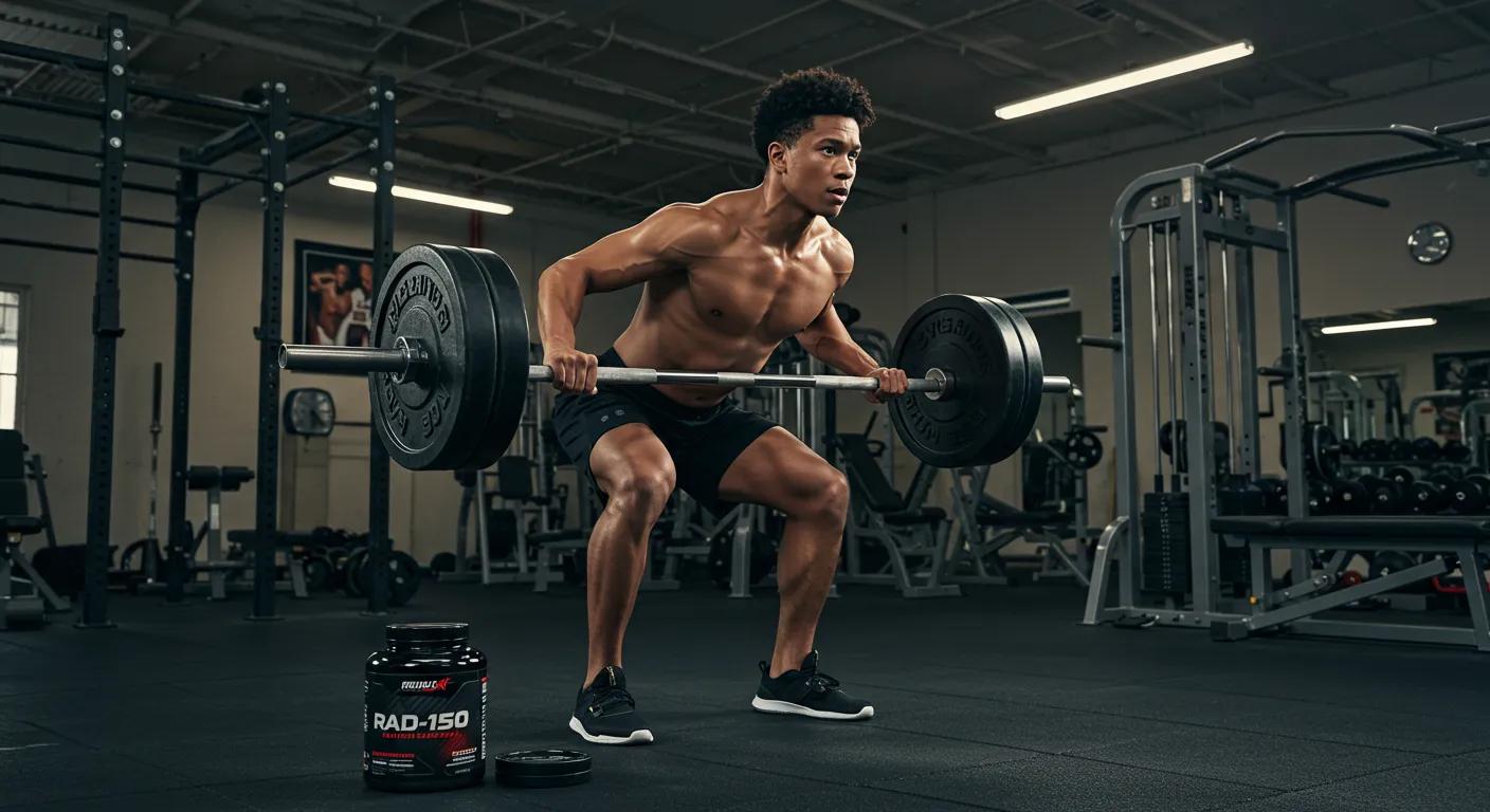 Athlete lifting weights in a gym, symbolizing muscle growth and performance enhancement with RAD-150