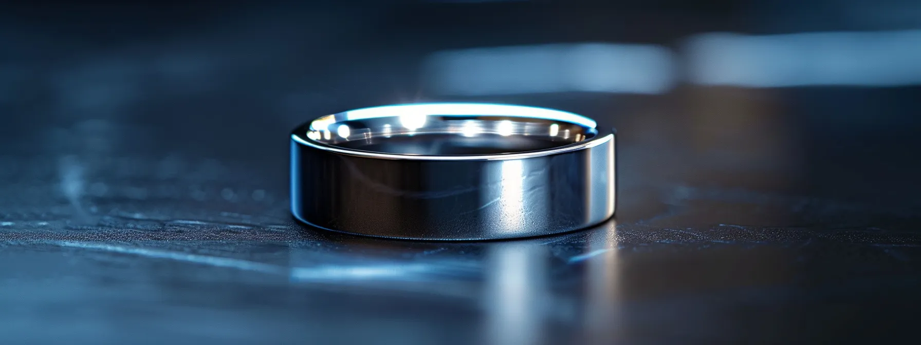 a close-up shot of a sleek, silver tungsten carbide men's wedding ring shining under a spotlight to highlight its durability and style.