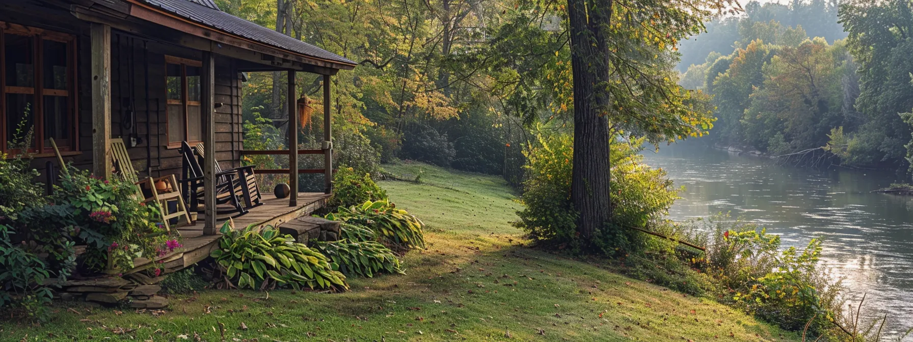 a peaceful riverside cabin with a cozy porch and scenic views.