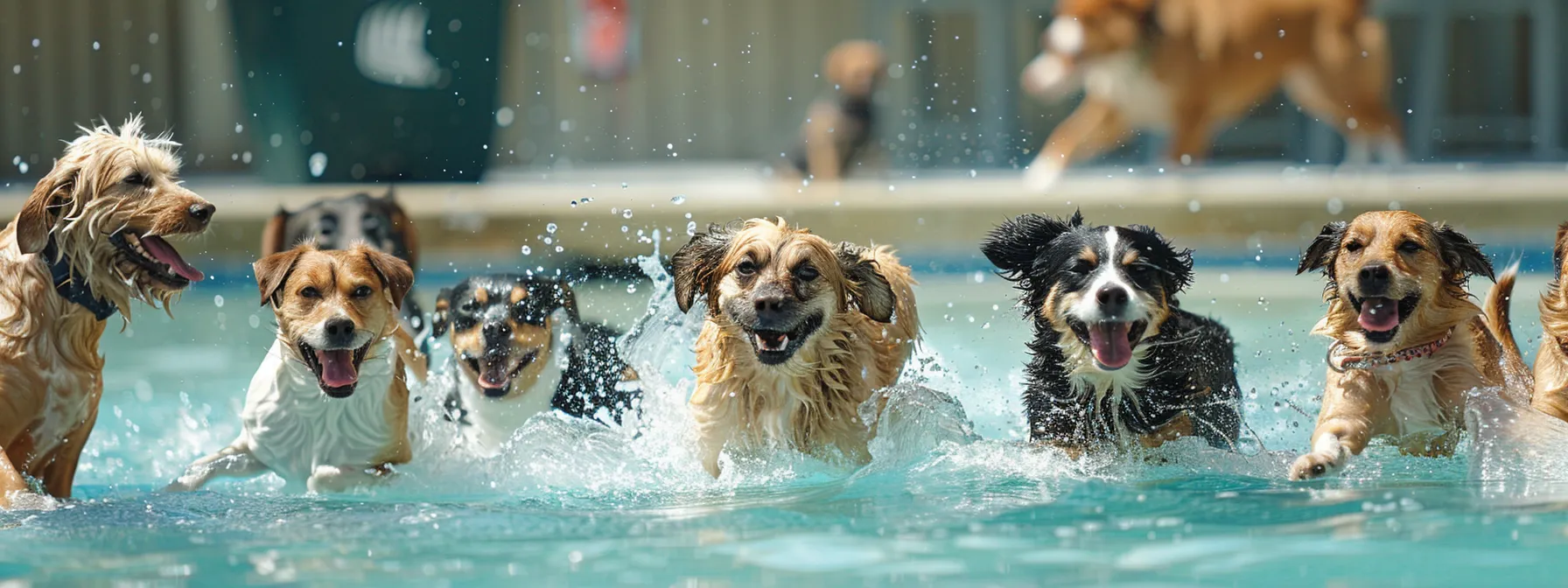 a group of dogs splashing and playing in a swimming pool at a boarding facility.