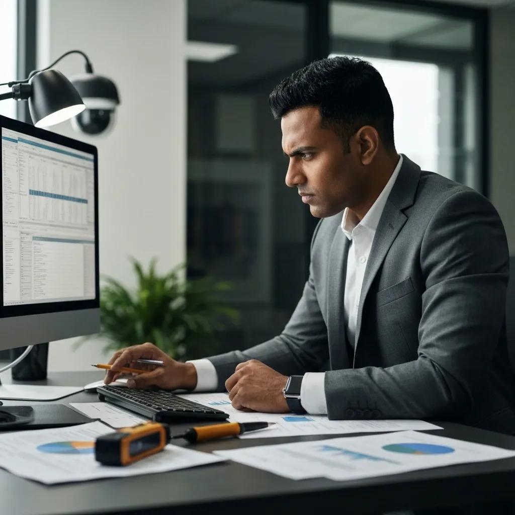 Professional investigator analysing data for tracing agents in a modern office