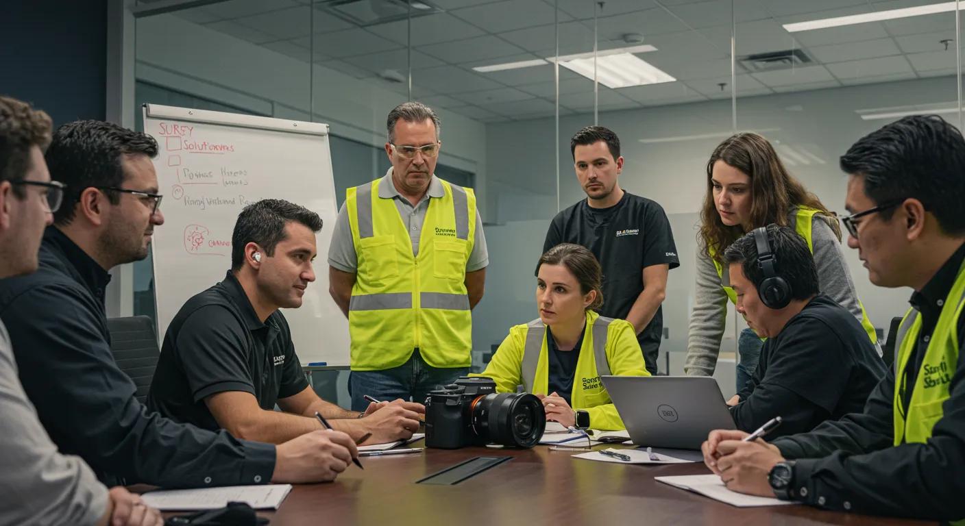 a dynamic office scene captures a diverse group of commercial contractors engaged in a focused discussion with a representative from surety solutions pro, emphasizing collaboration and the intricacies of the bonding process in a modern, well-lit conference room.