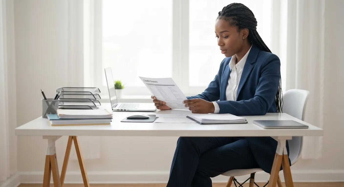 A business professional in Fairfax County meticulously reviewing a credit report at a well-organized desk, symbolizing a focus on credit improvement.