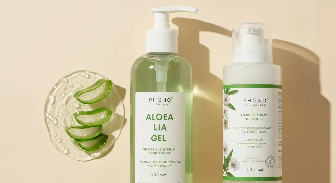 Skincare products for aftercare following hair threading, including aloe vera gel and gentle cleanser