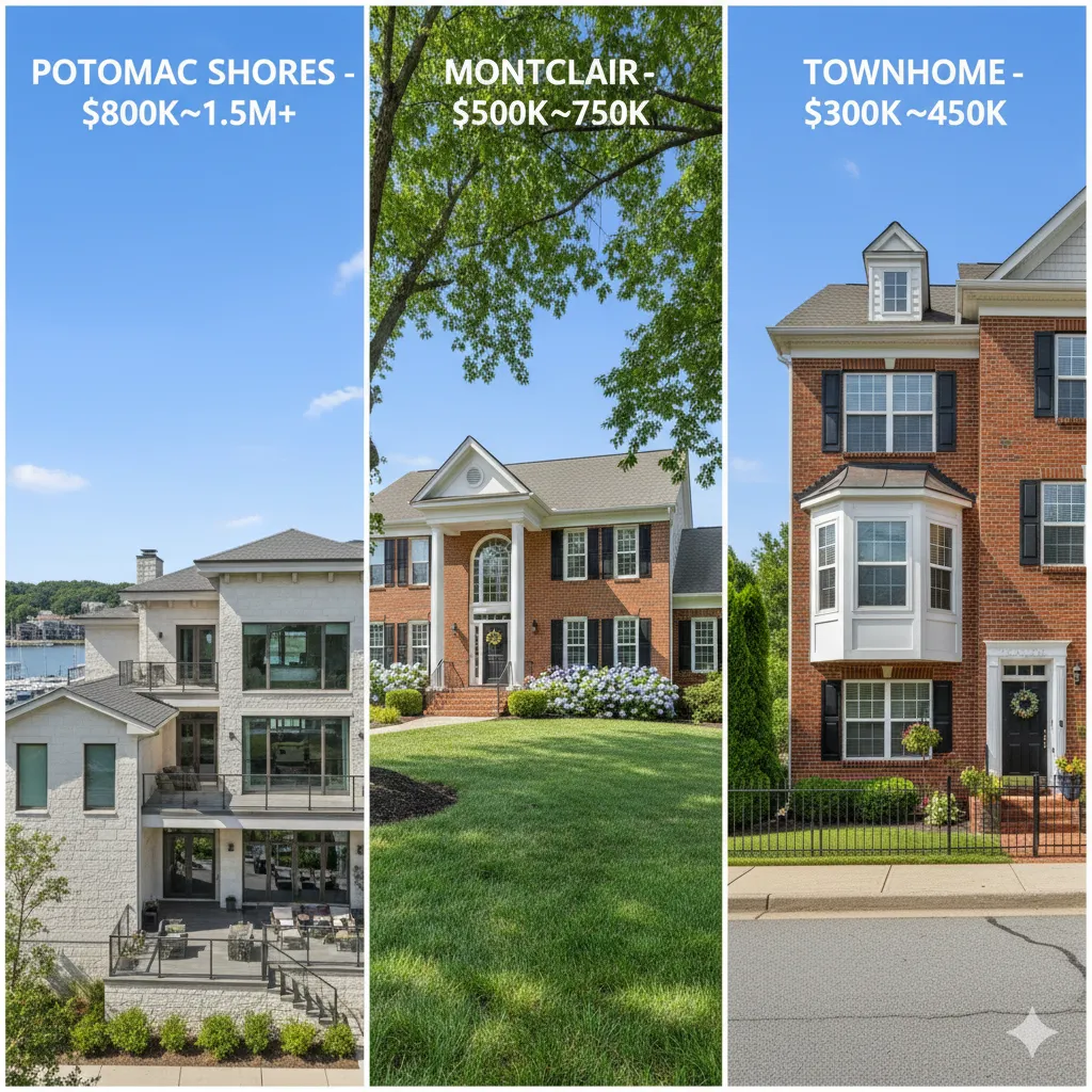 Split-screen comparison showing three different home styles in Woodbridge - a waterfront property in Potomac Shores, a traditional colonial in Montclair, and a well-maintained townhome Split-screen comparison showing three different home styles in Woodbridge - a waterfront property in Potomac Shores, a traditional colonial in Montclair, and a well-maintained townhome