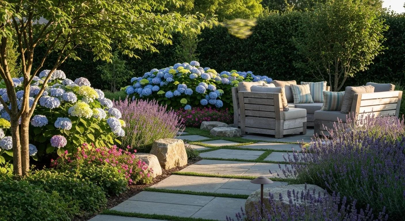 Beautifully designed outdoor landscape with diverse plants and elegant hardscaping features