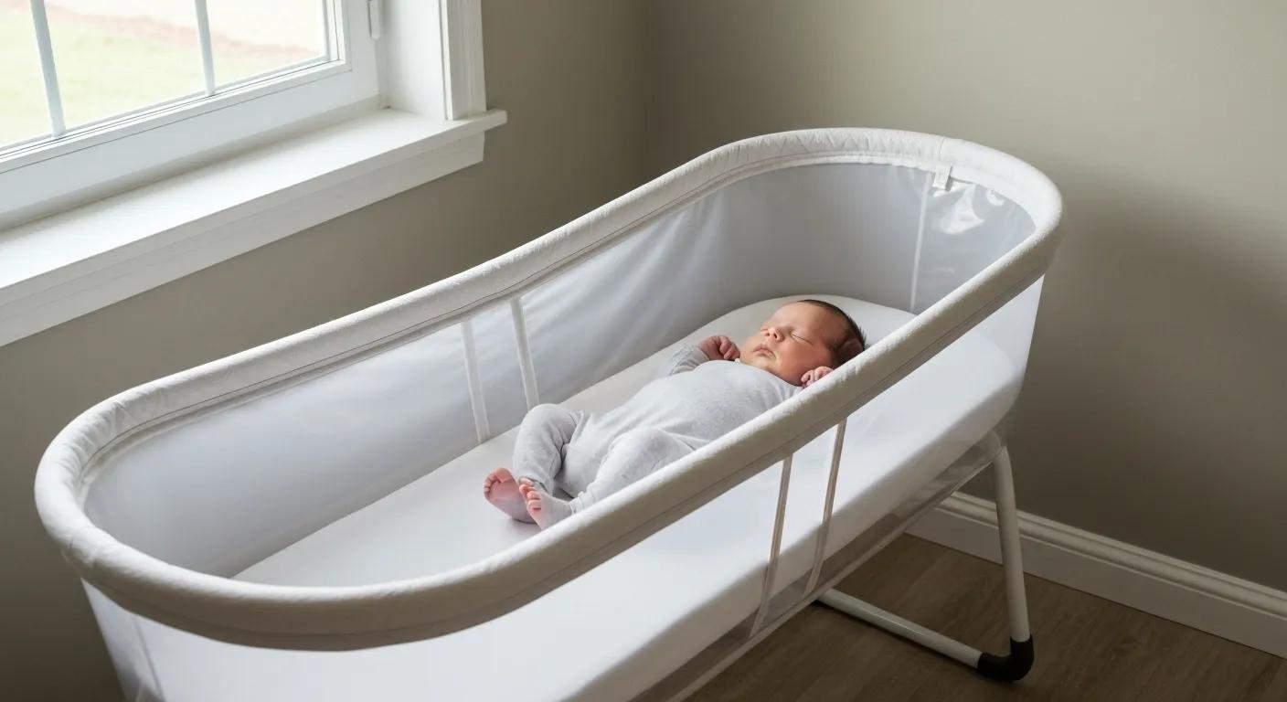 Safe sleeping environment for a newborn with a clear Moses basket and firm mattress