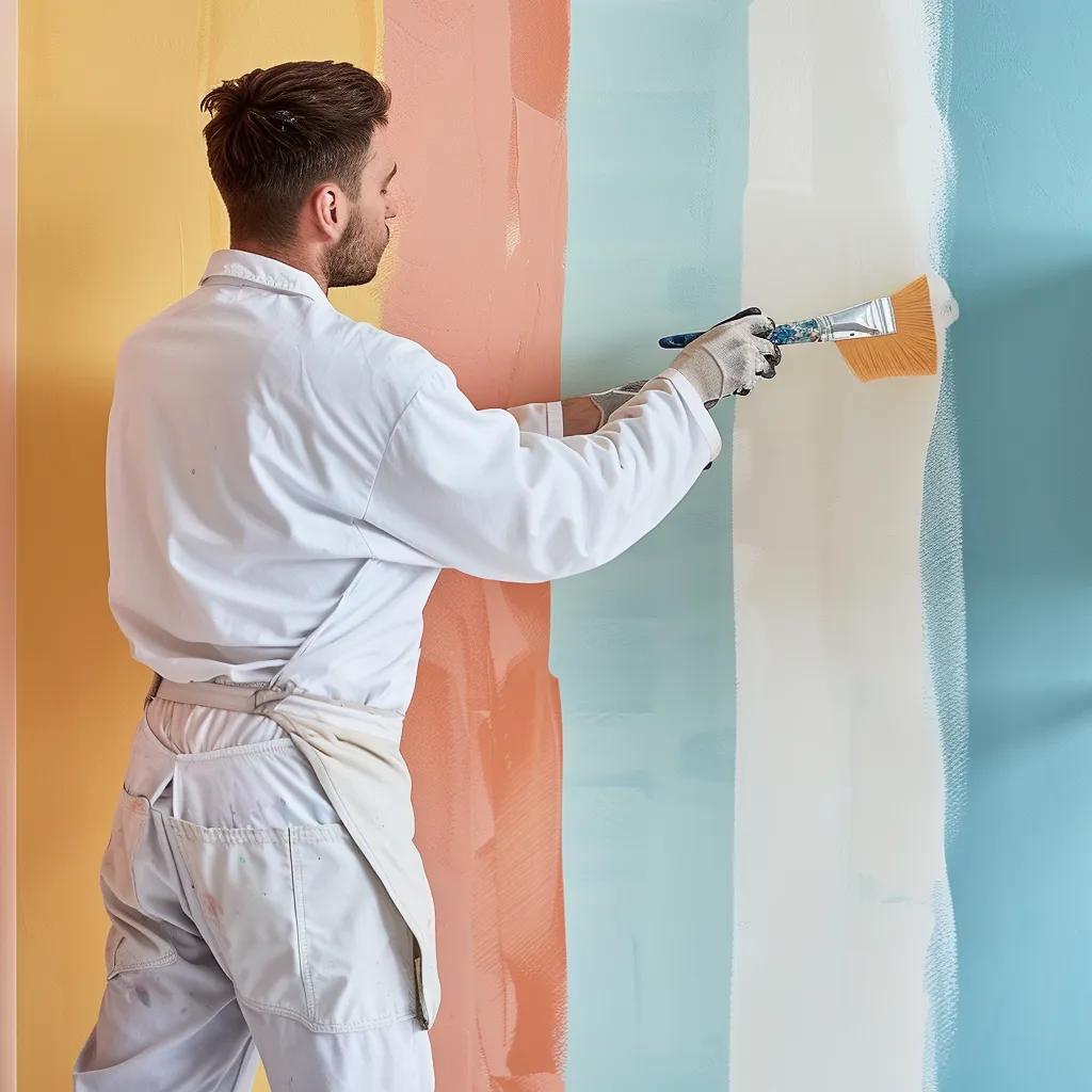 Painter applying various paint finishes on a wall, highlighting matte, eggshell, satin, semi-gloss, and gloss characteristics