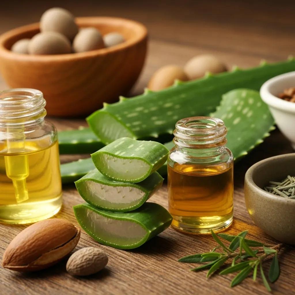 Close-up of natural ingredients like argan oil and aloe vera, showcasing their benefits for hair health and scalp care