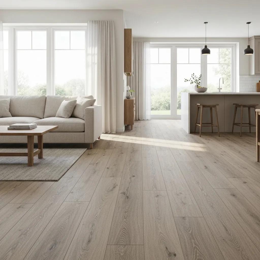 Scandinavian style living room with light oak and grey wood flooring, showcasing a bright and airy atmosphere