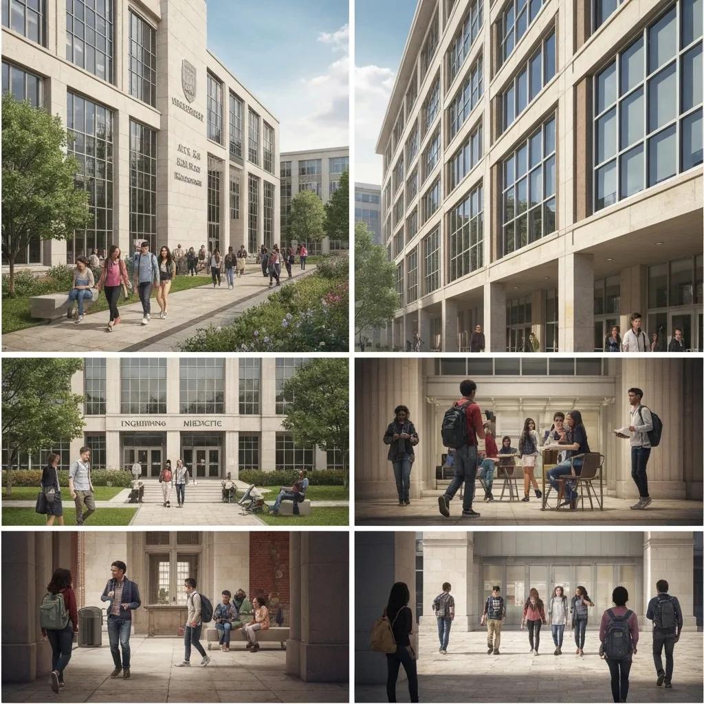 Illustration of a university structure with various colleges and students on campus