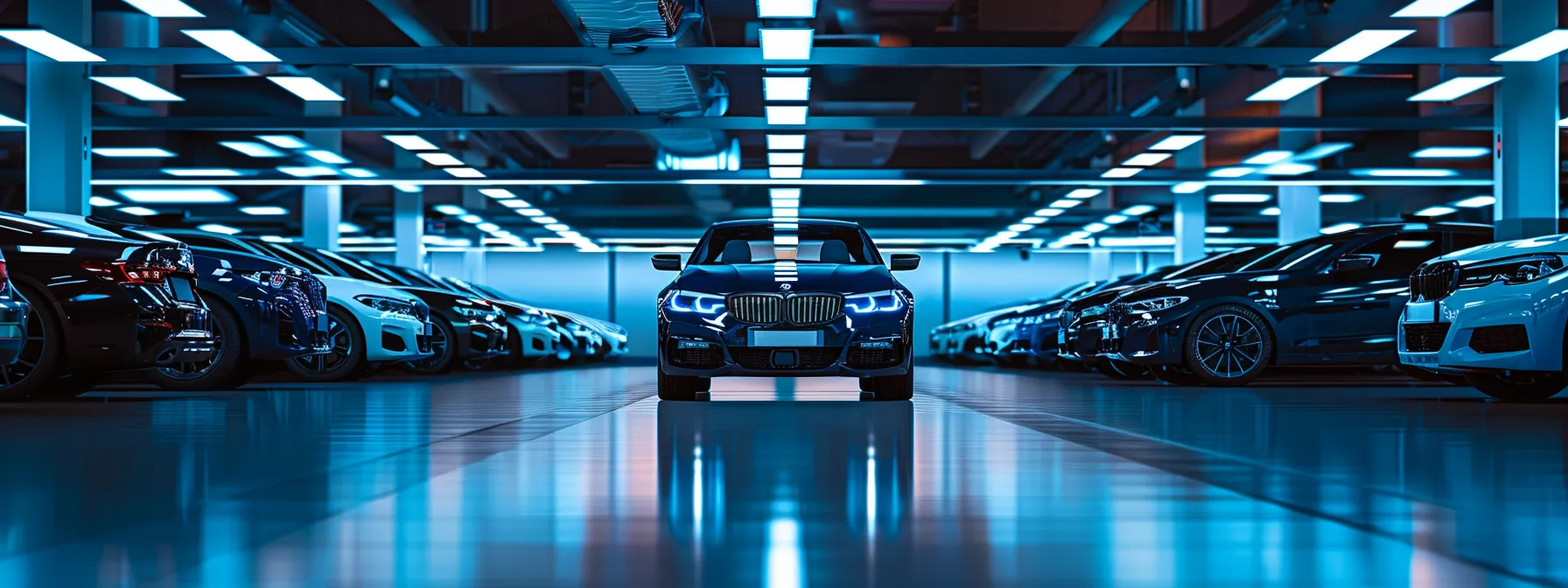 a sleek, modern bmw dealership with rows of luxury vehicles under bright showroom lights.