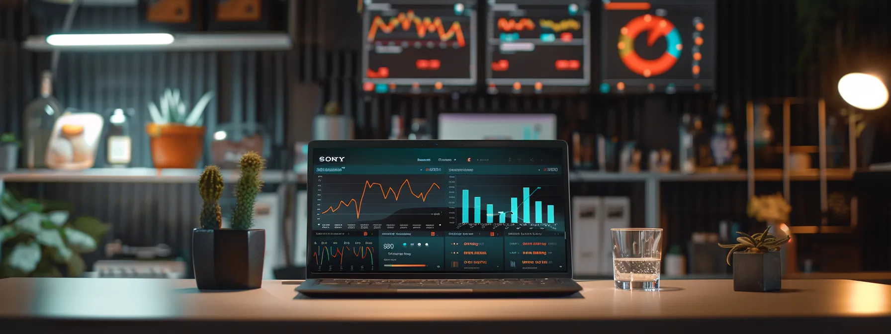 a laptop displaying a brand's website with a graph showing a steady increase in organic traffic, surrounded by various marketing analytics tools.