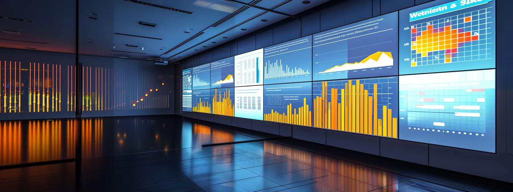 a brightly lit room with a large, interactive infographic displaying seo statistics and charts projected on a screen.