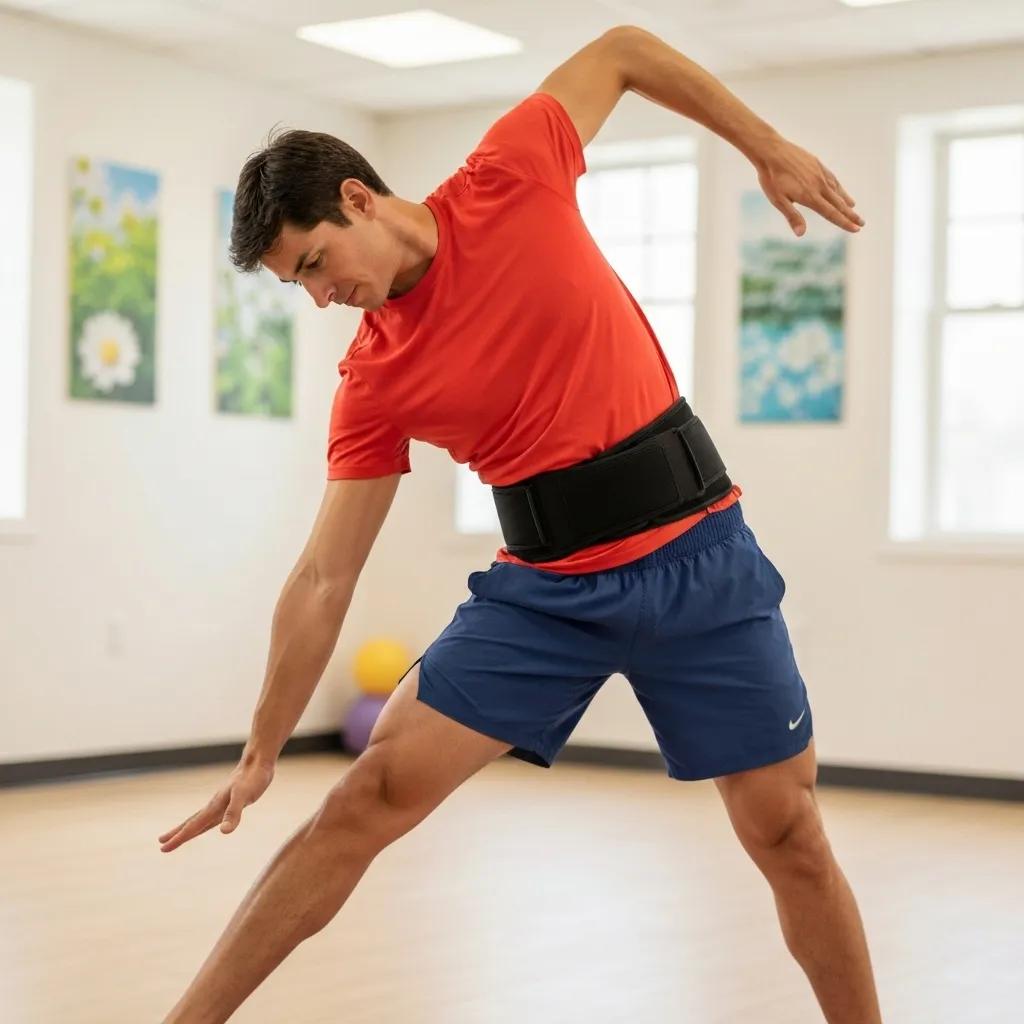 Person stretching while wearing the WellHealthis™ 360 Belt, showcasing mobility and pain relief benefits
