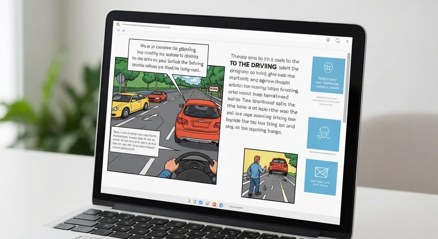A close-up view of a laptop screen displaying an engaging module from a driving course, emphasizing the importance of safe driving education